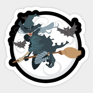 Halloween Witch Flying With Bats Sticker